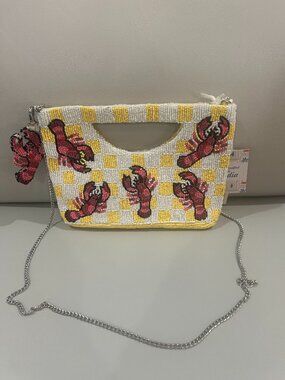 Handcrafted in India Beaded Sequin Lobsters Checked Bag Clutch Crossbody NWT
